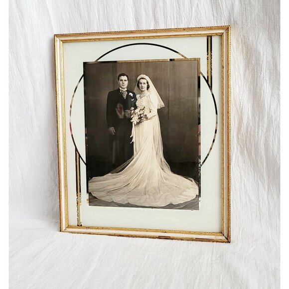 True Vintage Art Deco Gold Frame Wedding Photo Glass & Mirror 8x10 Photo - Picture 1 of 9